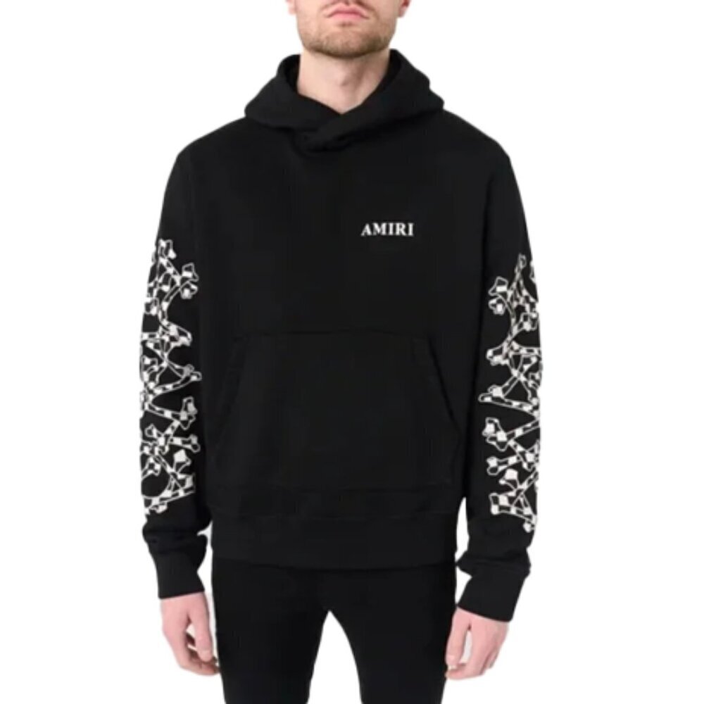 🔥AMIRI WES LANG Checkered Bones hoodie Black Hoodie with Graphic Sleeves SMALL